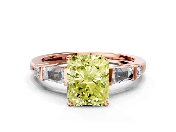 Rose gold Fancy Yellow Radiant  Cut Diamond Ring with Baguette Side Stones, Channel Set Band, and Four-Prong Setting