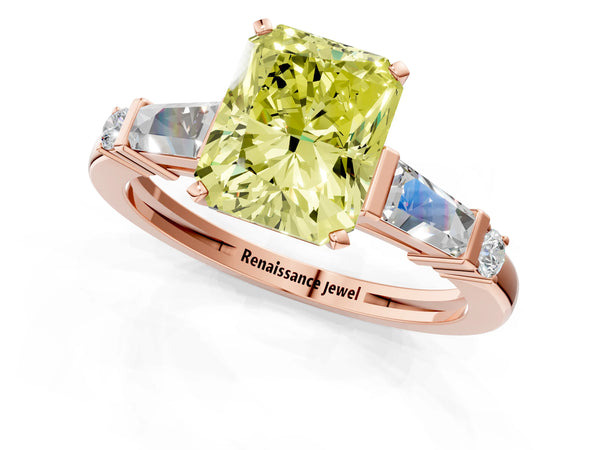Rose gold Fancy Yellow Radiant  Cut Diamond Ring with Baguette Side Stones, Channel Set Band, and Four-Prong Setting