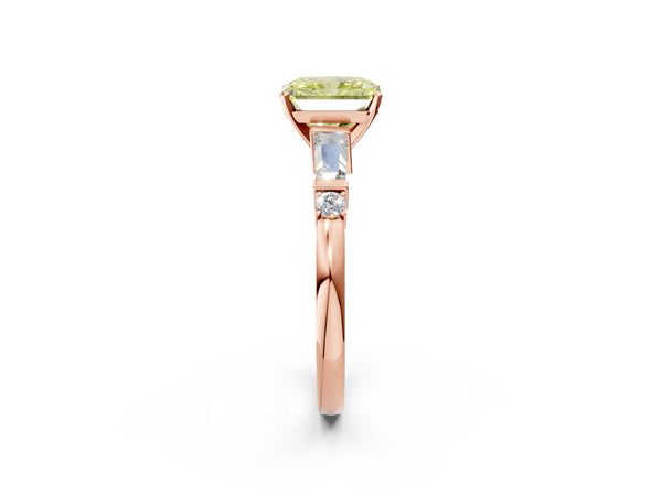 Rose gold Fancy Yellow Radiant  Cut Diamond Ring with Baguette Side Stones, Channel Set Band, and Four-Prong Setting