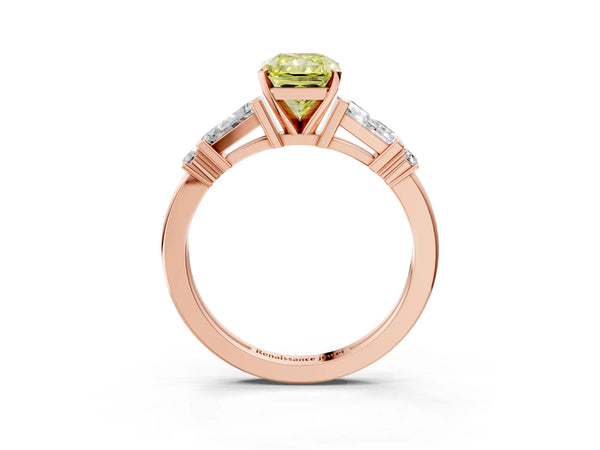 Rose gold Fancy Yellow Radiant  Cut Diamond Ring with Baguette Side Stones, Channel Set Band, and Four-Prong Setting