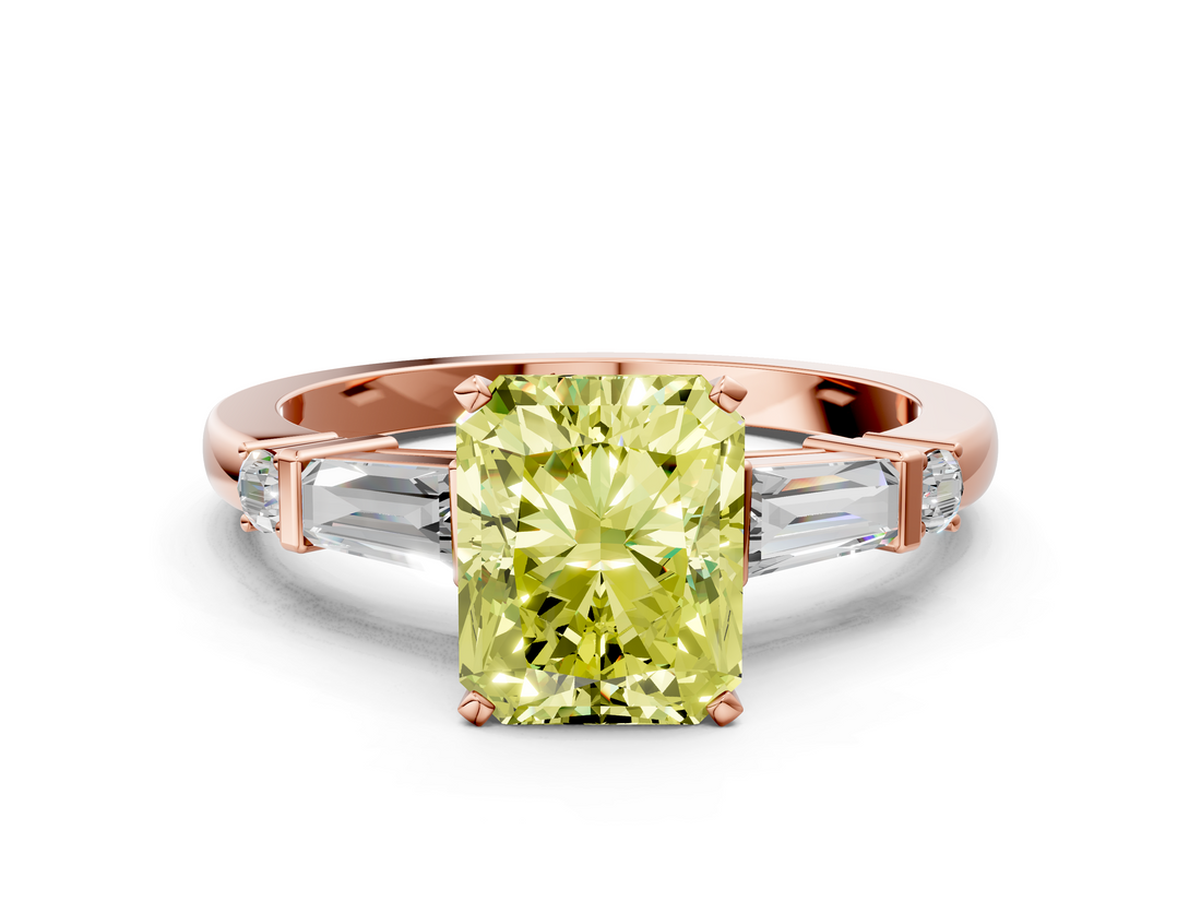 Rose gold Fancy Yellow Radiant  Cut Diamond Ring with Baguette Side Stones, Channel Set Band, and Four-Prong Setting_3
