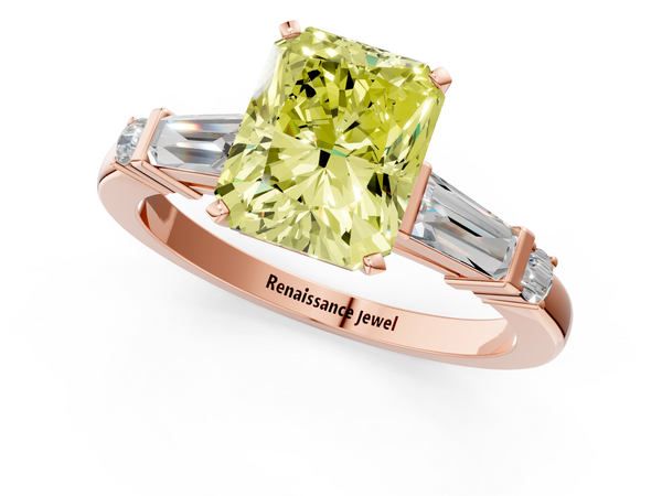Rose gold Fancy Yellow Radiant  Cut Diamond Ring with Baguette Side Stones, Channel Set Band, and Four-Prong Setting