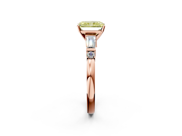 Rose gold Fancy Yellow Radiant  Cut Diamond Ring with Baguette Side Stones, Channel Set Band, and Four-Prong Setting