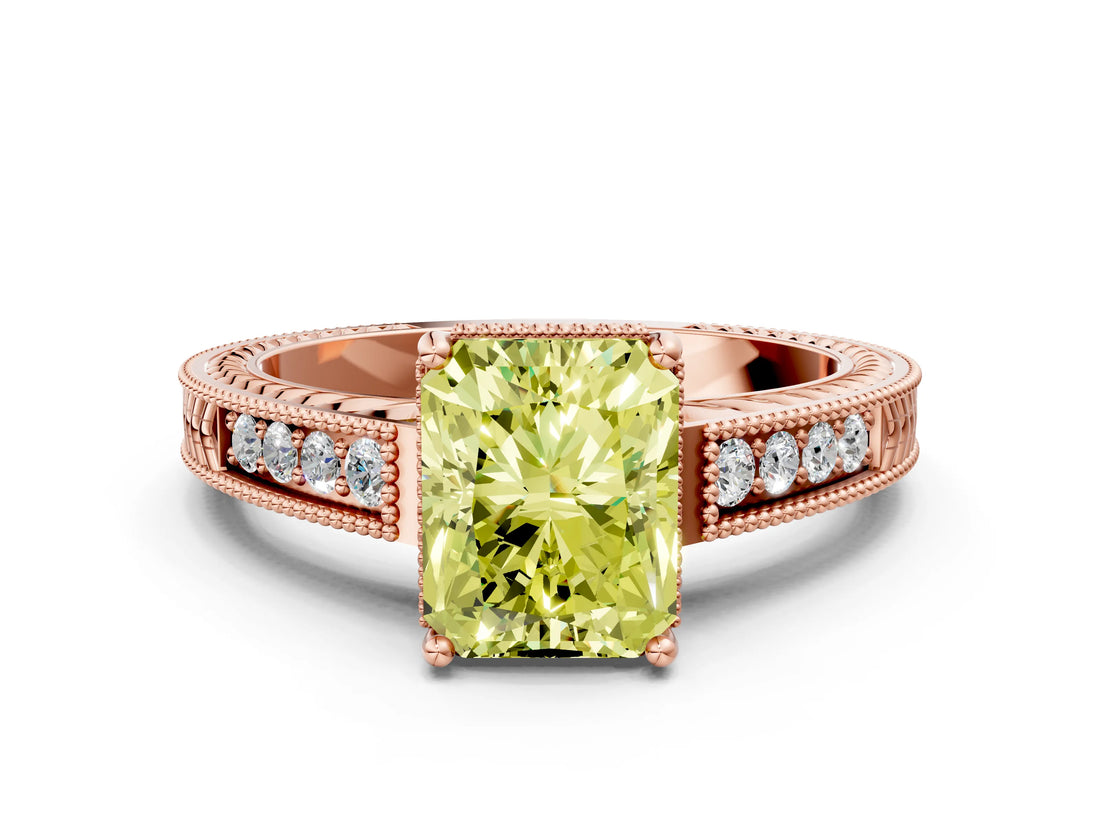 Rose gold Fancy Yellow Radiant Cut Diamond Ring with Milgrain Pavé Band and Four-Prong Setting_20