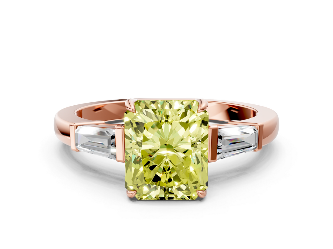 Rose gold Fancy Yellow Radiant  Cut Diamond Ring with Tapered Baguette Side Stones in Four-Prong Setting_3
