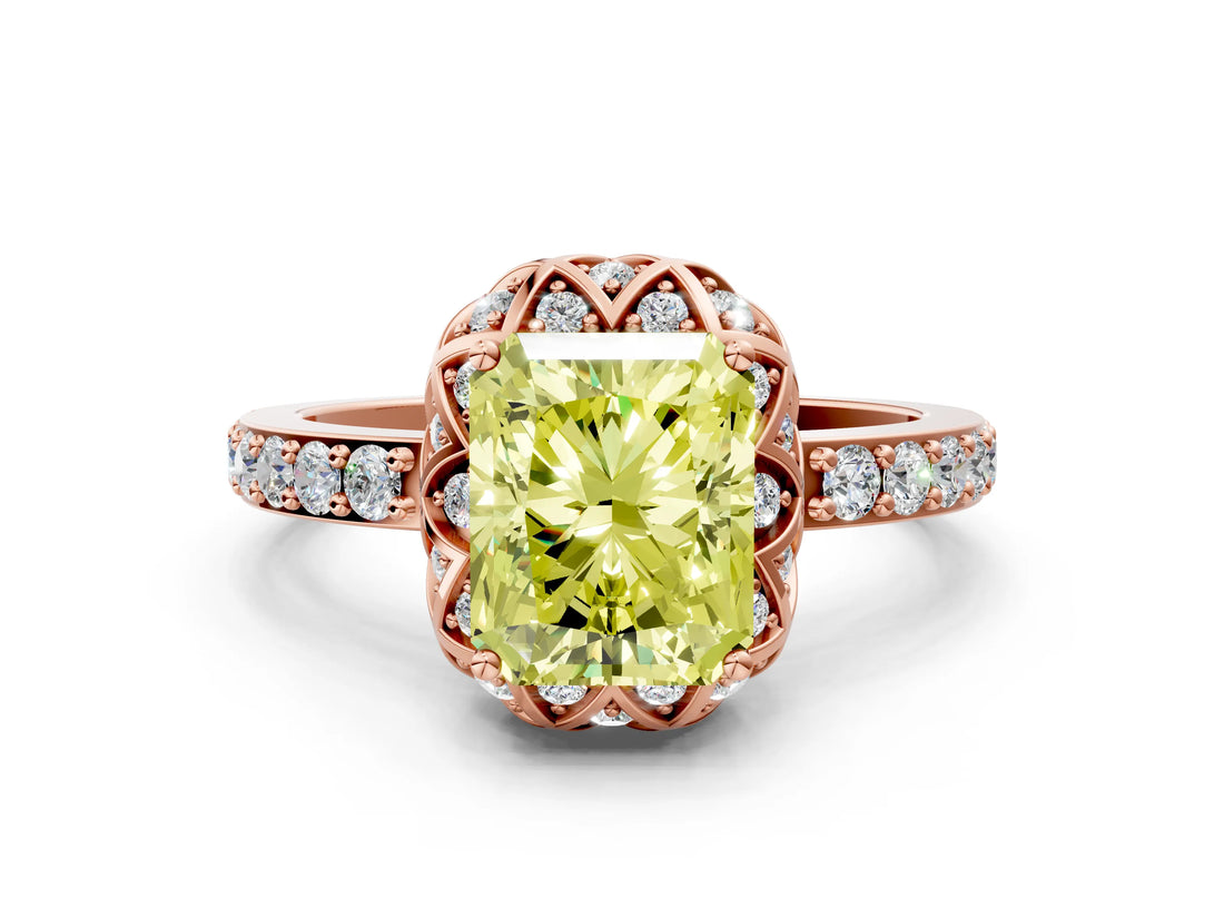 Rose gold Fancy Yellow Radiant Cut Diamond Scalloped Halo Engagement Ring with Round Shared Prong Band_12