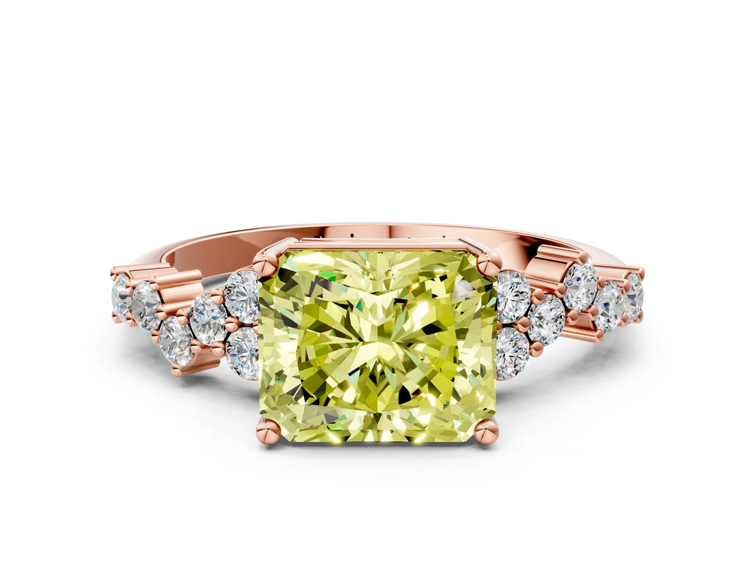 Rose gold Fancy Yellow Radiant Cut Diamond Scattered Round Accent Ring with Prong Setting_12