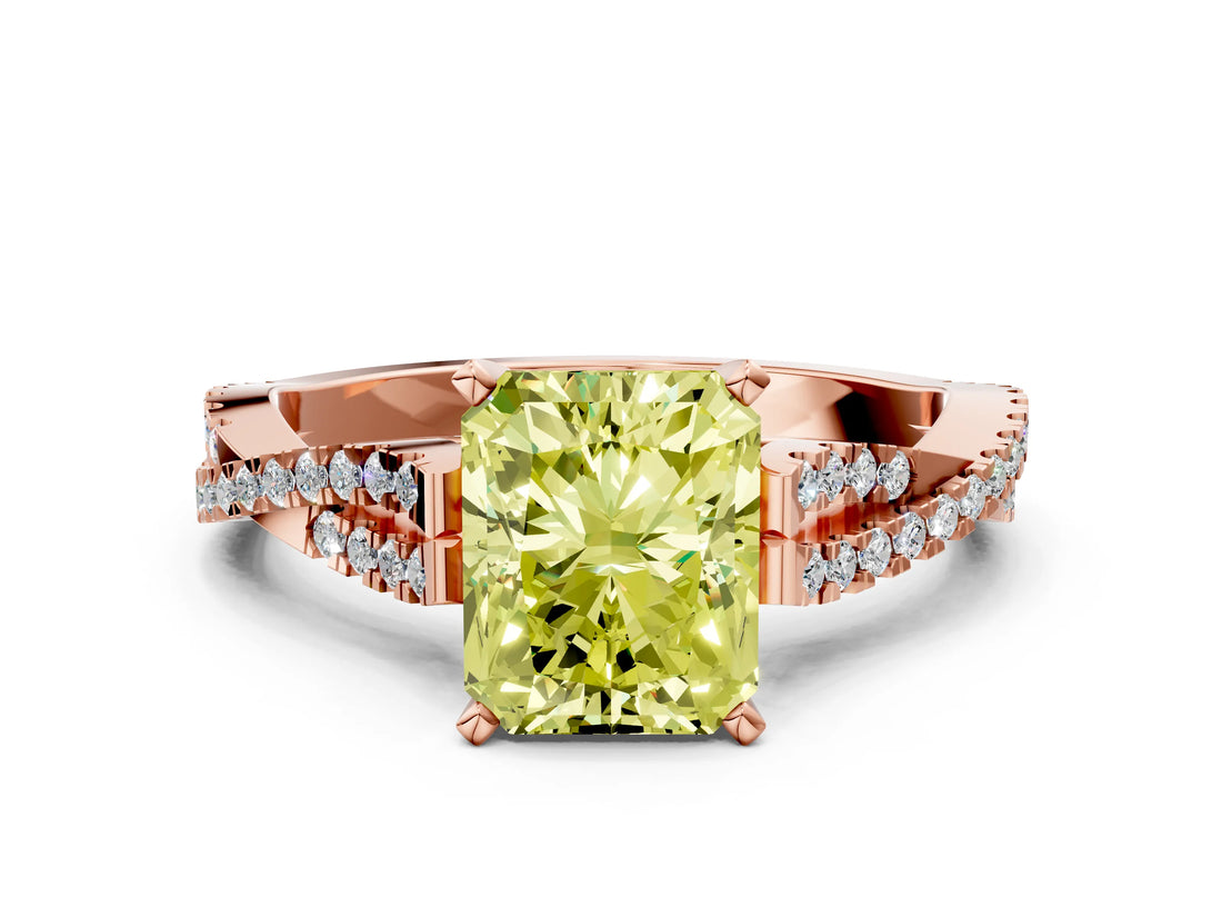 Rose gold Fancy Yellow Radiant Cut Diamond Solitaire Engagement Ring with Twisted Pavé Band and Four-Prong Setting_44
