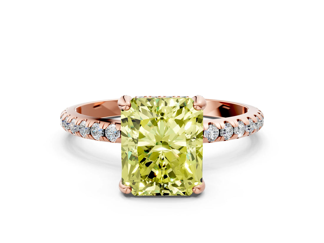 Rose gold Fancy Yellow Radiant Cut Diamond Solitaire Ring with Four-Prong Setting and Pavé Band_3