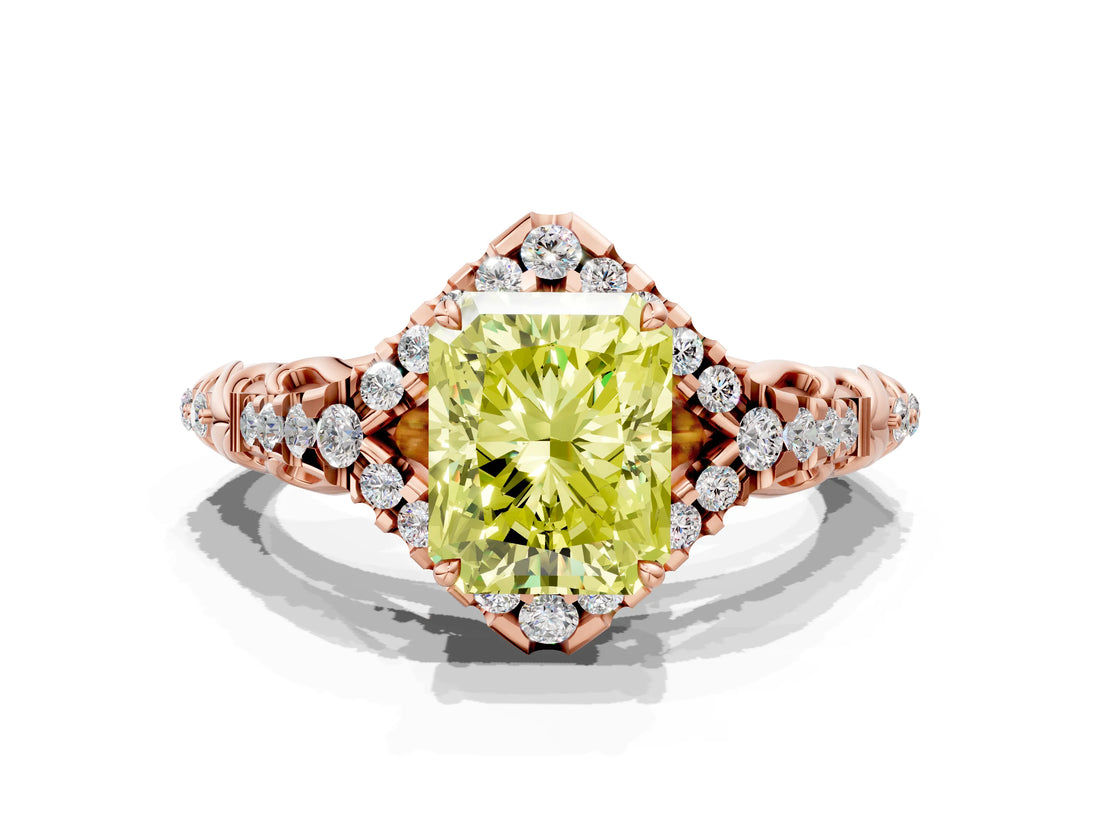 Rose gold Fancy Yellow Radiant Cut Diamond Solitaire Ring with Hidden Halo and Pavé Band_47