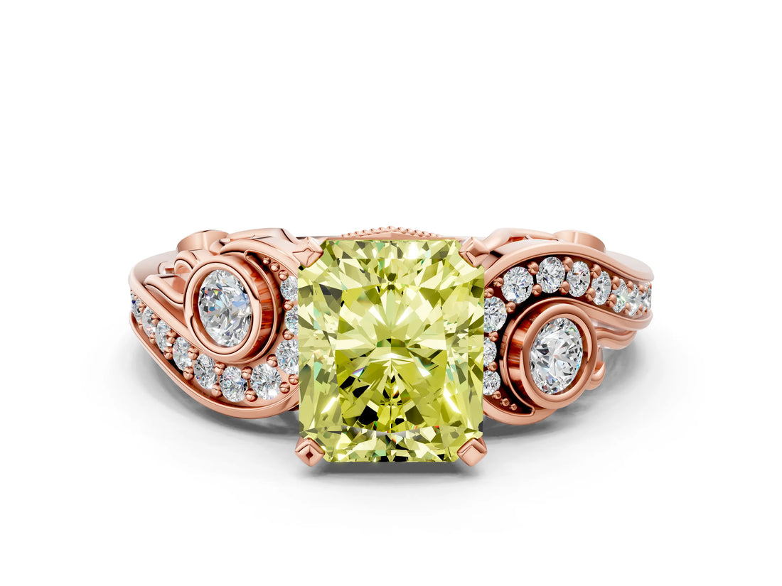 Rose gold Fancy Yellow Radiant Cut Diamond Solitaire Ring with Milgrain Pavé Band and Four-Prong Setting_162