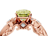 Rose gold Fancy Yellow Radiant Cut Diamond Solitaire Ring with Milgrain Pavé Band and Four-Prong Setting_166