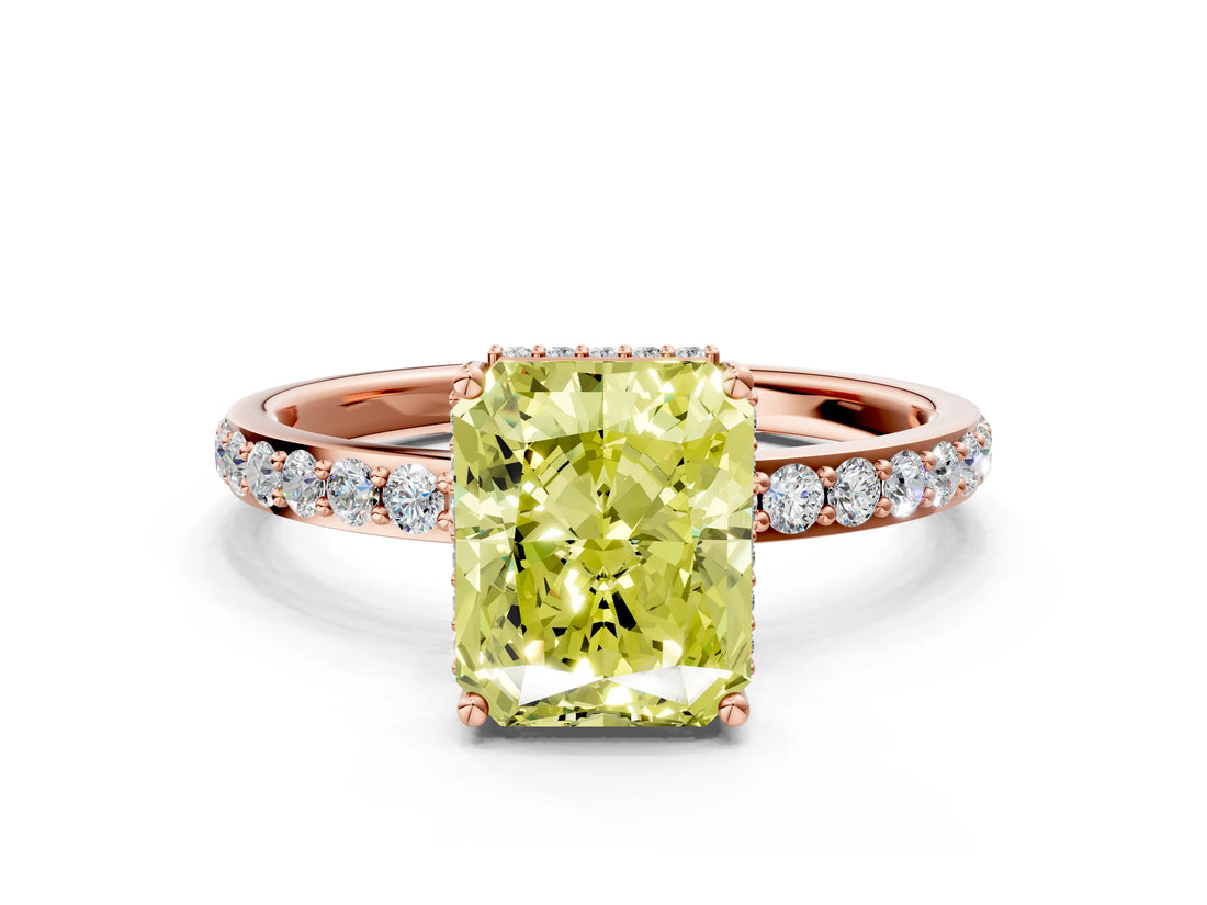 Rose gold Fancy Yellow Radiant Cut Diamond Solitaire Ring with Pavé Band and Hidden Halo_15