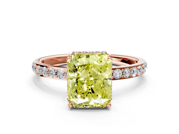 Rose gold Fancy Yellow Radiant Cut Diamond Solitaire Ring with Pavé Band and Hidden Halo