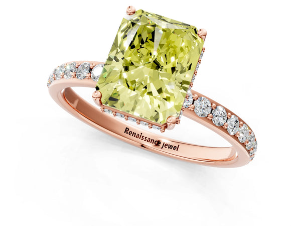 Rose gold Fancy Yellow Radiant Cut Diamond Solitaire Ring with Pavé Band and Hidden Halo
