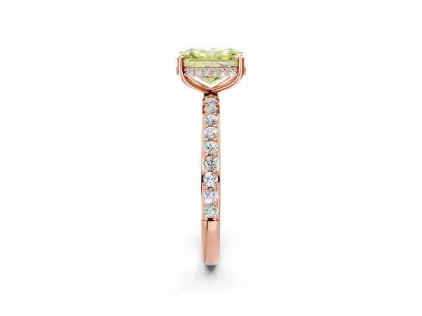 Rose gold Fancy Yellow Radiant Cut Diamond Solitaire Ring with Pavé Band and Hidden Halo