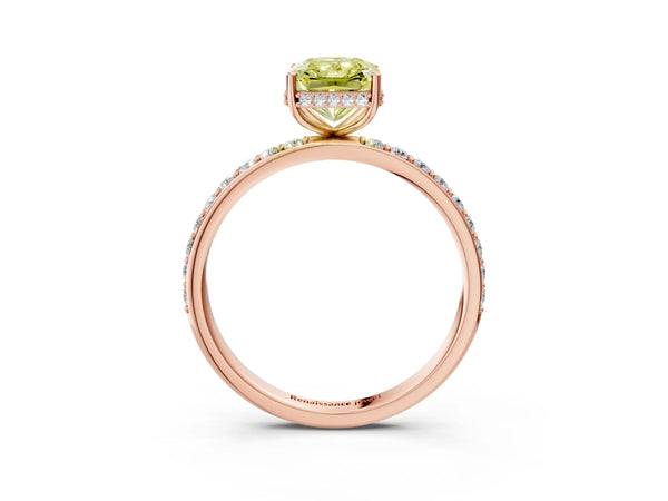 Rose gold Fancy Yellow Radiant Cut Diamond Solitaire Ring with Pavé Band and Hidden Halo