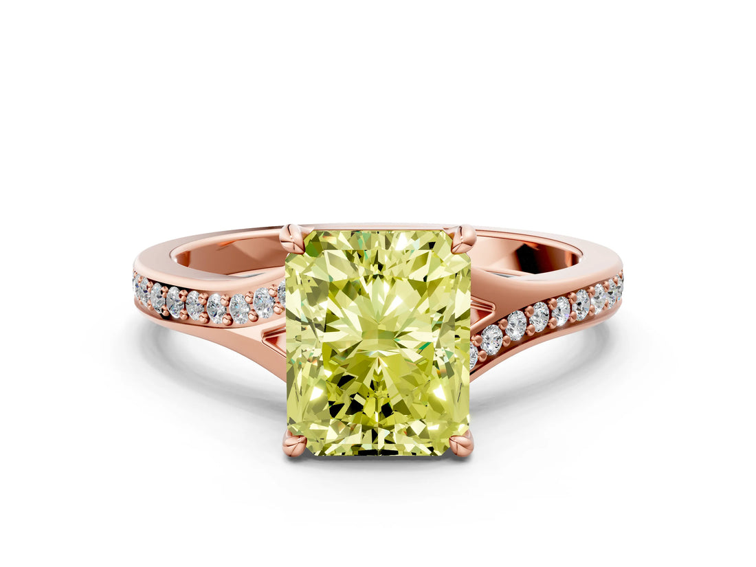 Rose gold Fancy Yellow Radiant Cut Diamond Solitaire Ring with Pavé Band and Prong Setting_12