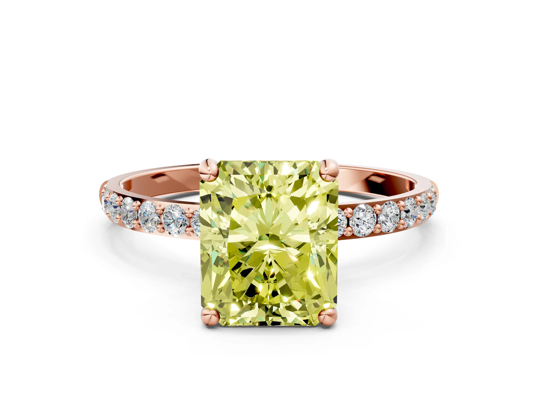 Rose gold Fancy Yellow Radiant Cut Diamond Solitaire Ring with Pave Band and Four Prong Setting_90