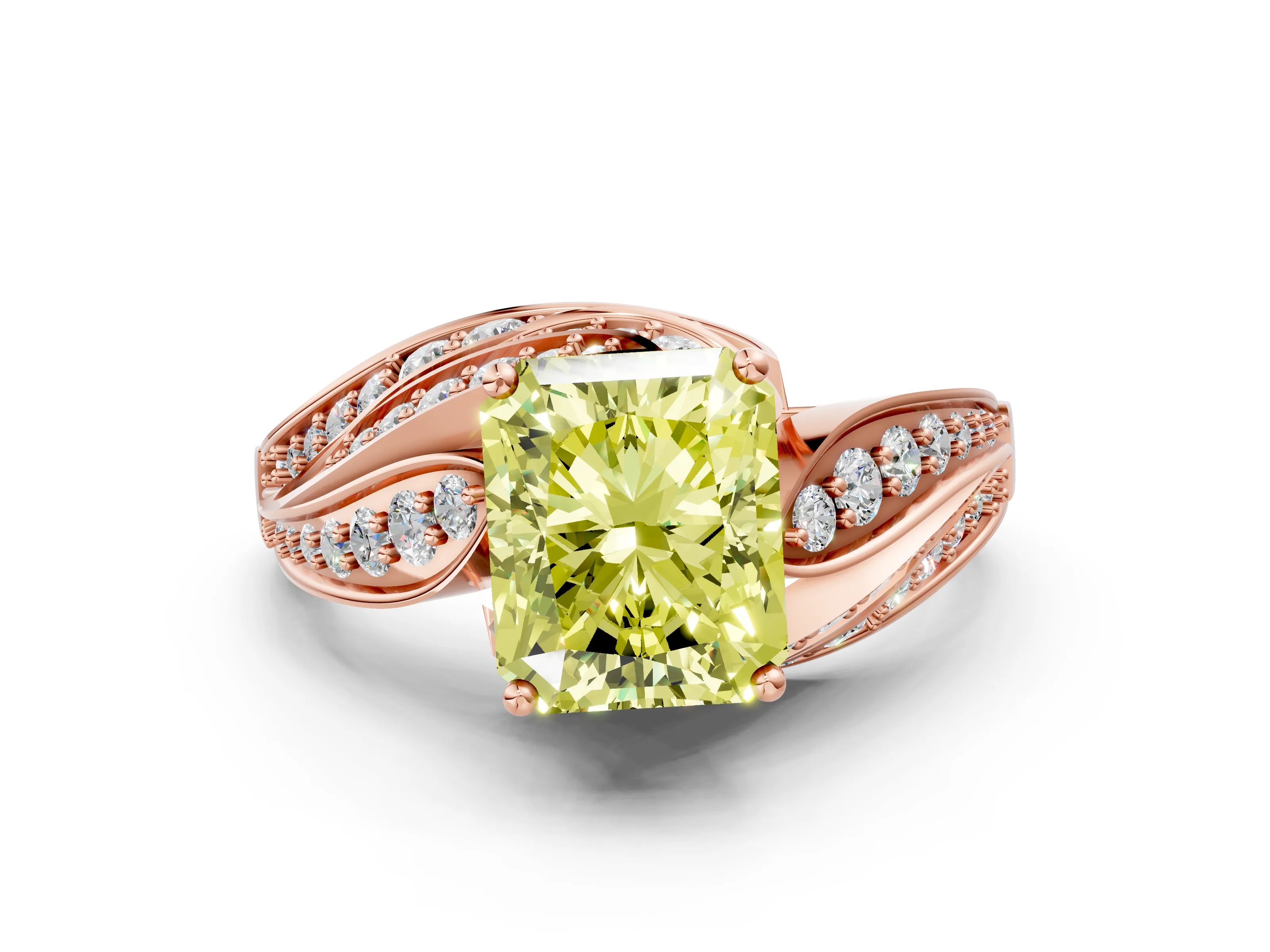 Rose gold Fancy Yellow Radiant Cut Diamond Solitaire Ring with Prong Setting and Twisted Pavé Band