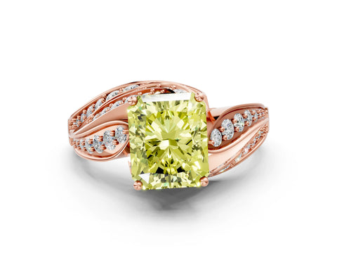 Rose gold Fancy Yellow Radiant Cut Diamond Solitaire Ring with Prong Setting and Twisted Pavé Band