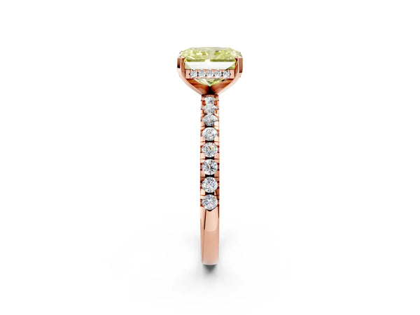 Rose Gold Radiant Cut Hidden Halo Solitaire Engagement Ring Setting for Fancy Yellow Center with Single Row Pave Band