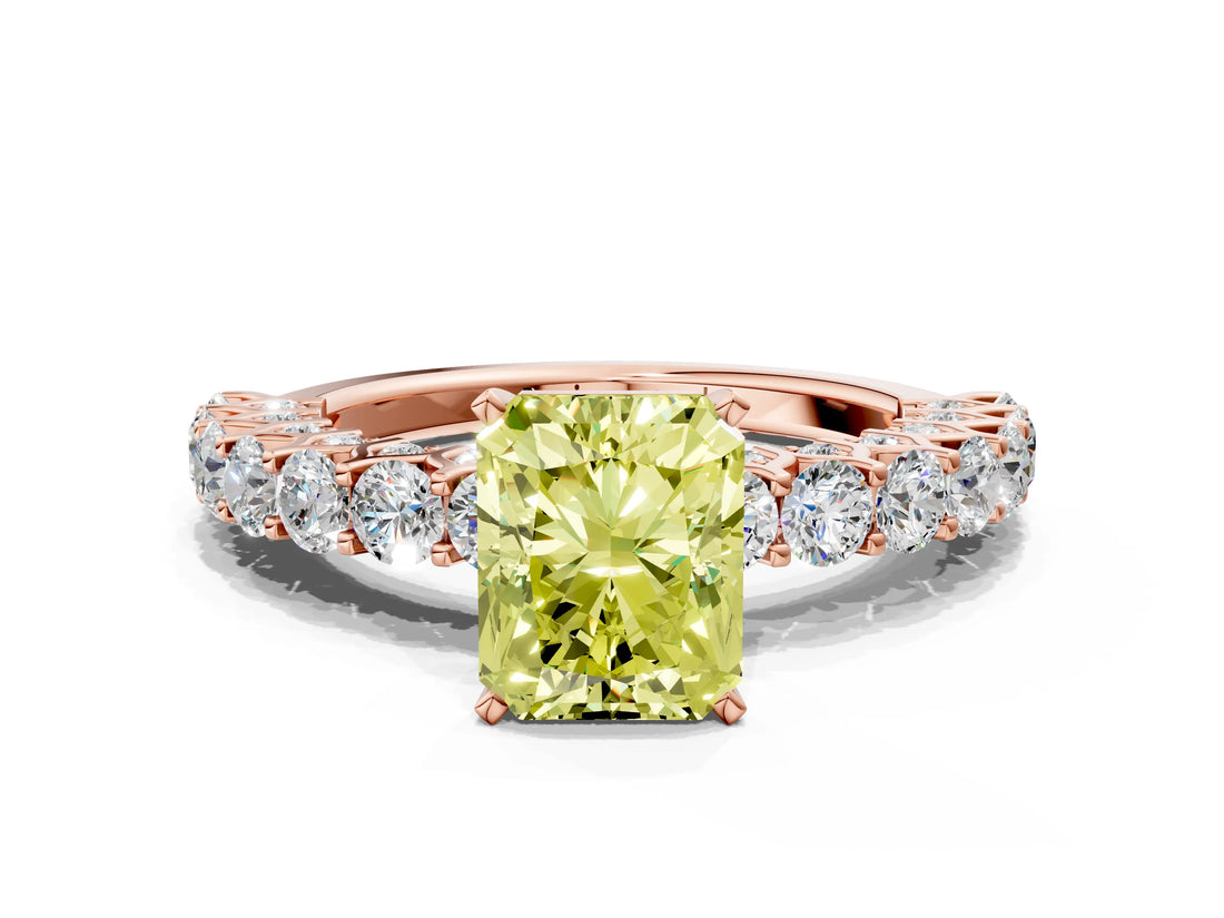 Rose gold Fancy Yellow Radiant Cut Diamond Solitaire Ring with Shared Prong Pavé Band and Four-Prong Setting_68