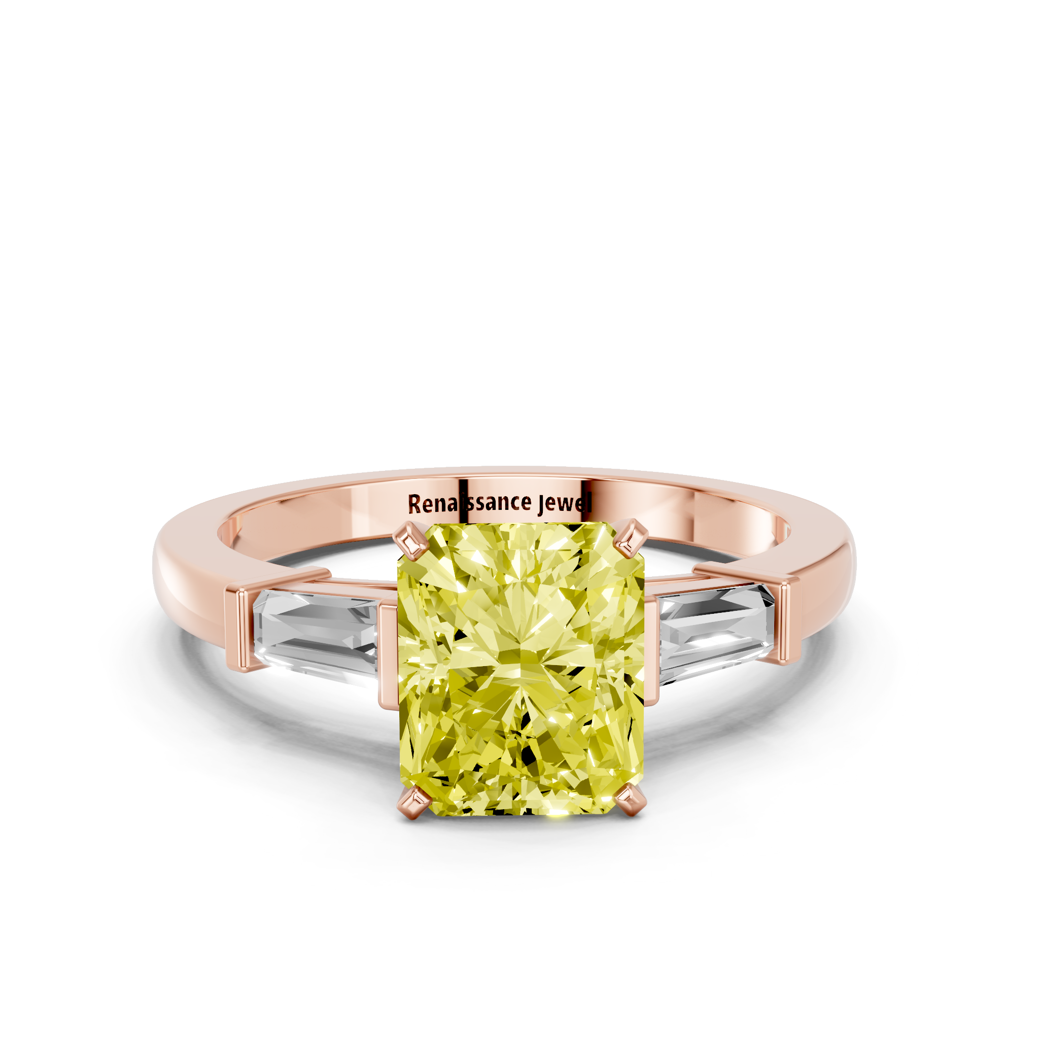 Rose gold Fancy Yellow Radiant  Cut Diamond Solitaire Ring with Tapered Baguette Accents and Four-Prong Setting_11