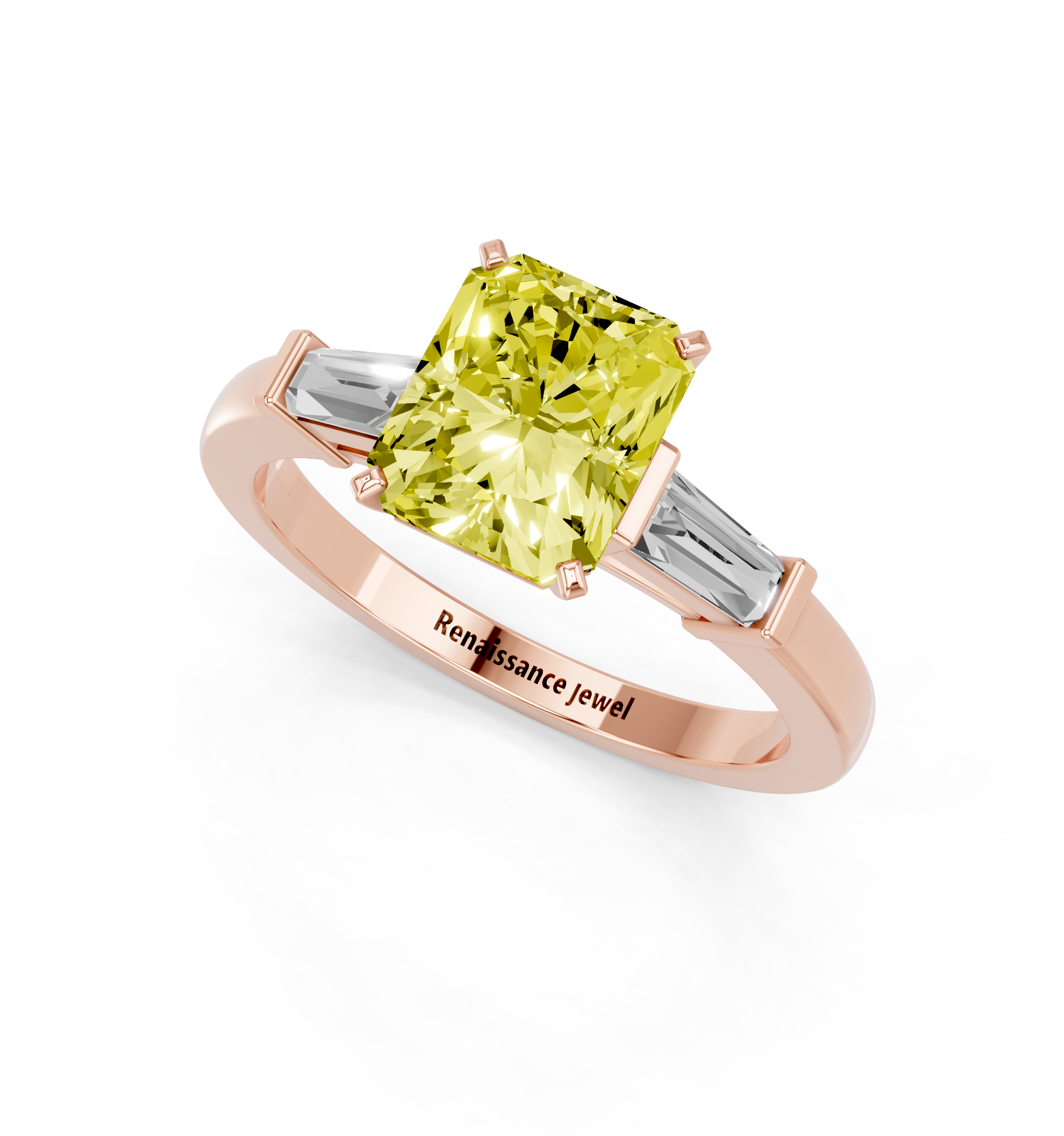 Rose gold Fancy Yellow Radiant  Cut Diamond Solitaire Ring with Tapered Baguette Accents and Four-Prong Setting_3