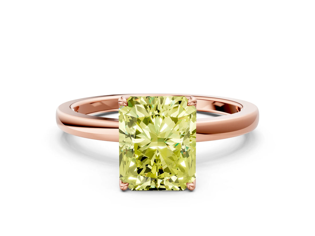 Rose gold Fancy Yellow Radiant Cut Diamond Solitaire Ring with Thin Band and Prong Setting_12