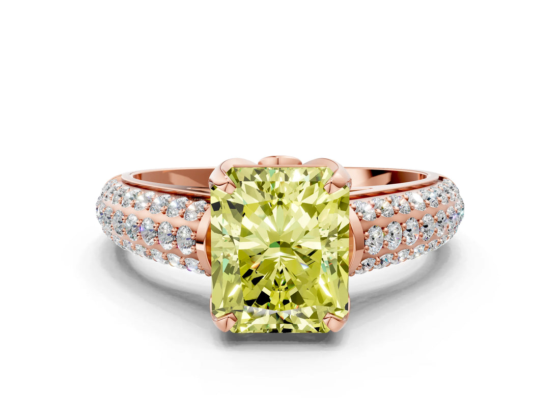 Rose gold Fancy Yellow Radiant Cut Diamond Solitaire Ring with Three-Row Pavé Band and Four-Prong Setting_38