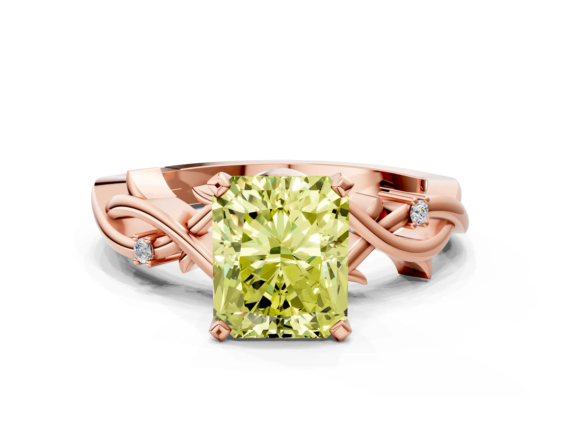 Rose gold Fancy Yellow Radiant Cut Diamond Solitaire Ring with Twisted Band and Prong Setting_235