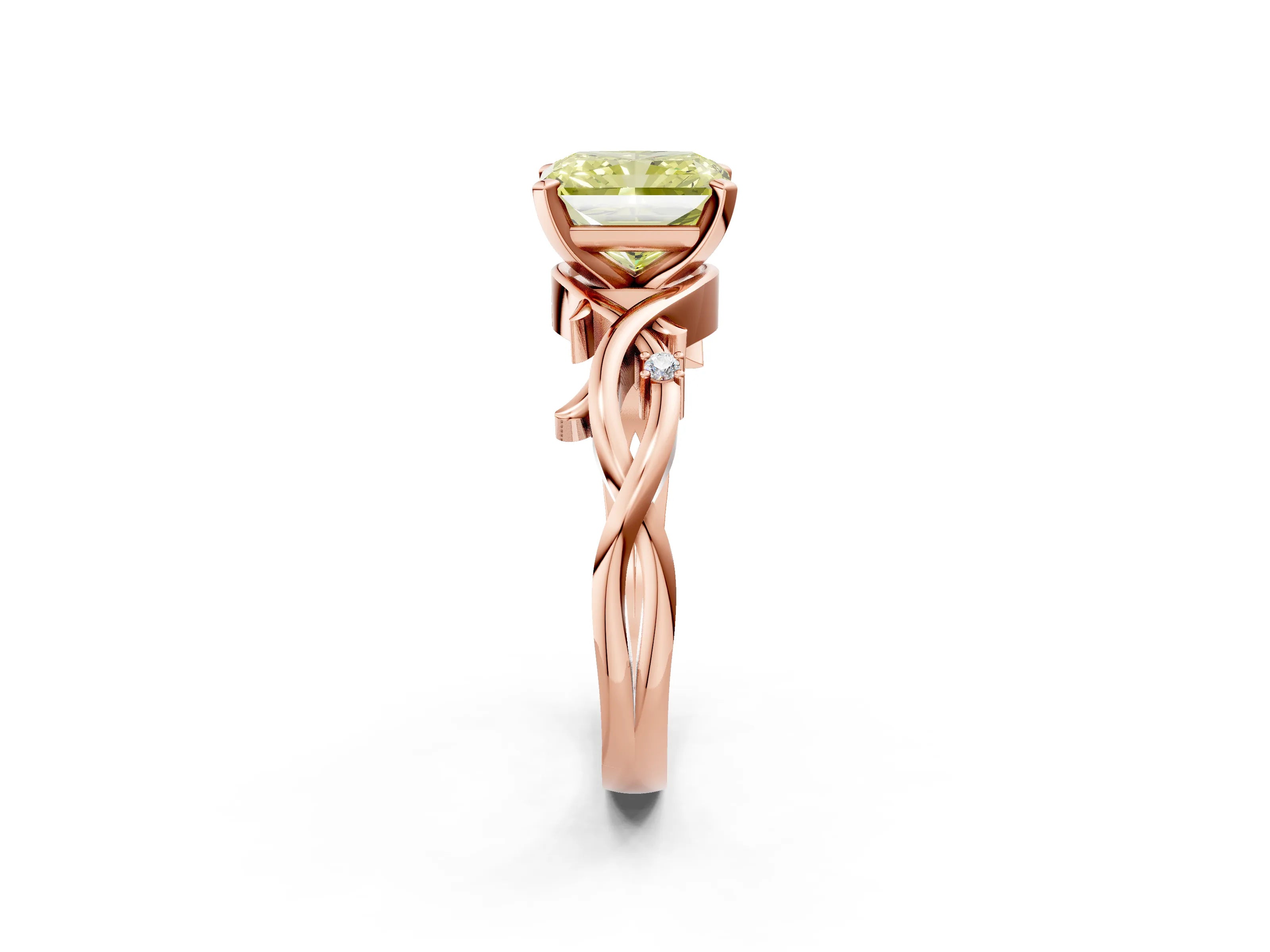 Rose gold Fancy Yellow Radiant Cut Diamond Solitaire Ring with Twisted Band and Prong Setting_237