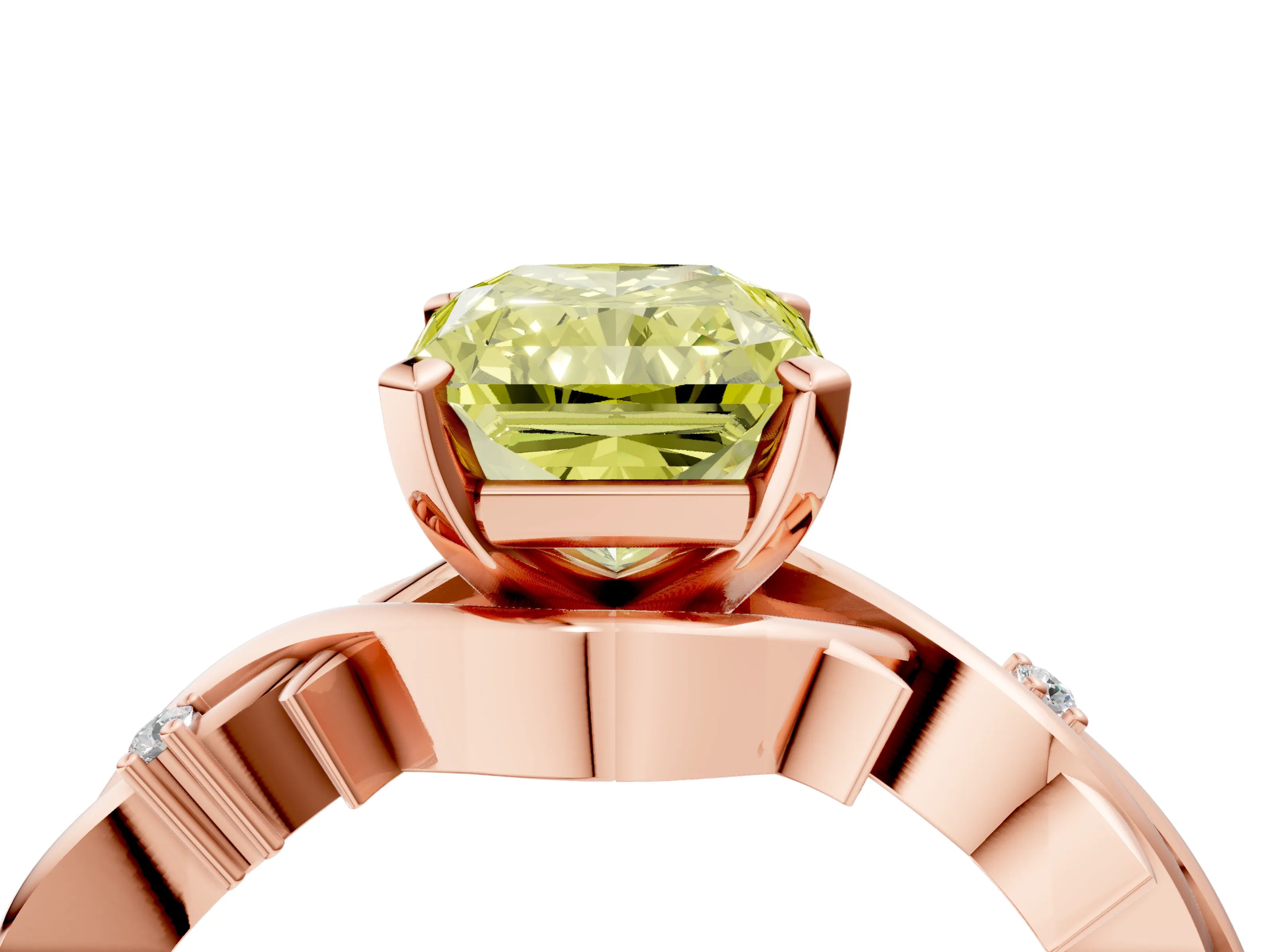 Rose gold Fancy Yellow Radiant Cut Diamond Solitaire Ring with Twisted Band and Prong Setting_239