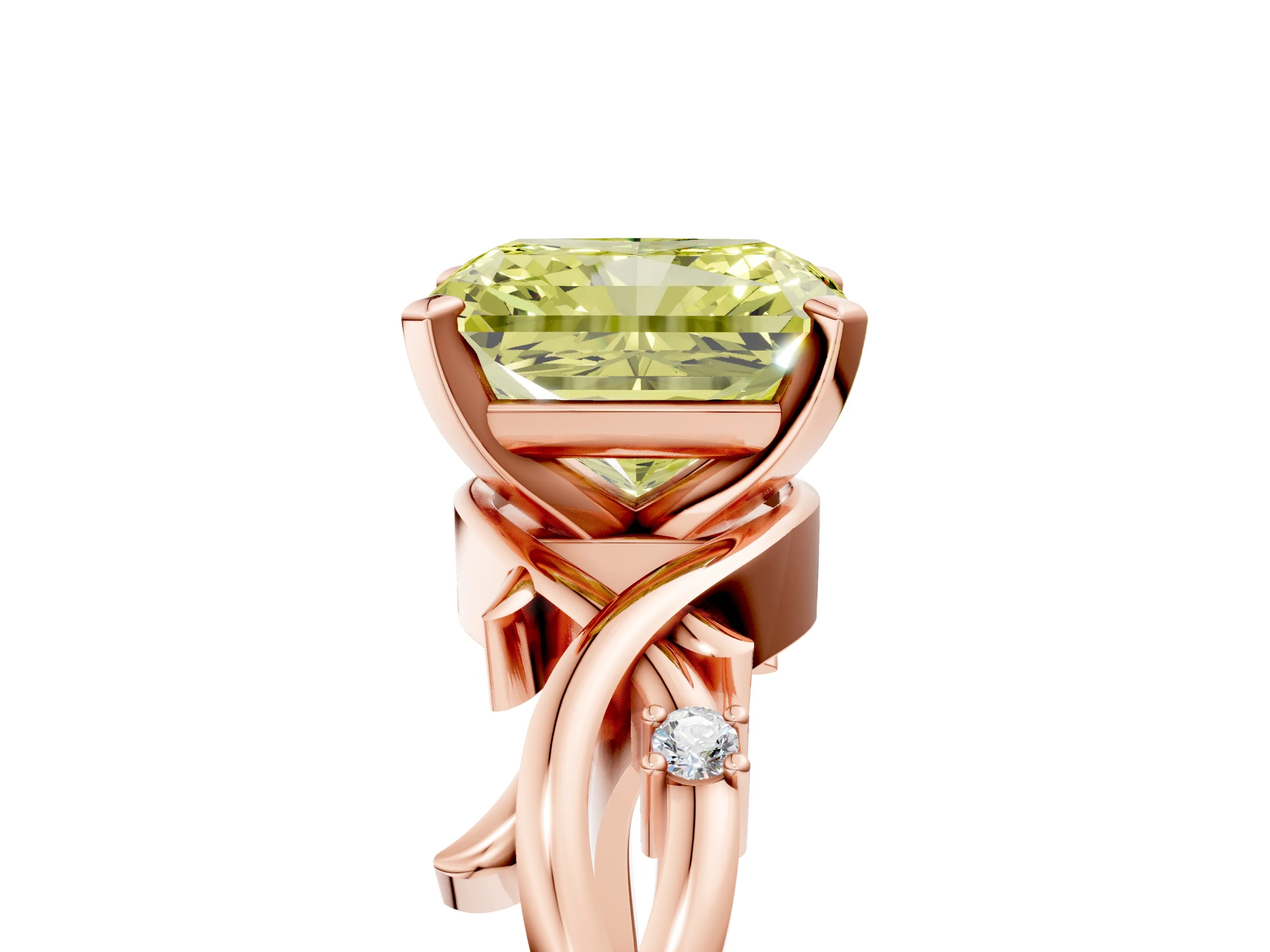 Rose gold Fancy Yellow Radiant Cut Diamond Solitaire Ring with Twisted Band and Prong Setting_240