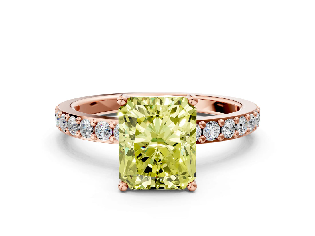Rose gold Fancy Yellow Radiant  Cut Diamond Solitaire with Pave Band and Four-Prong Setting