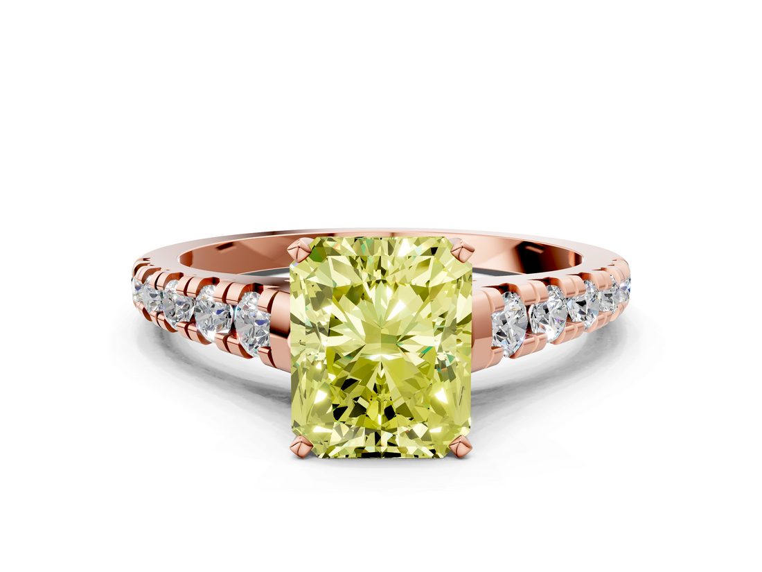 Rose gold Fancy Yellow Radiant  Cut Diamond Solitaire with Pave Band and Four-Prong Setting_130