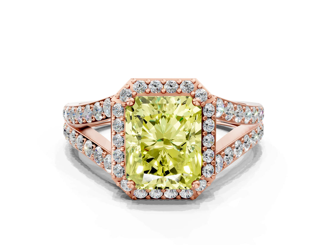 Rose gold Fancy Yellow Radiant Cut Diamond Split Shank Halo Ring with Four-Prong Setting_57