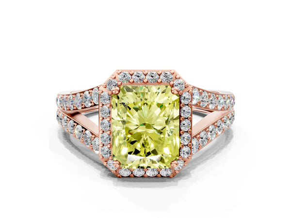 Rose Gold Radiant Cut Halo Engagement Ring Setting for Fancy Yellow Center with Narrow Pave Split Shank