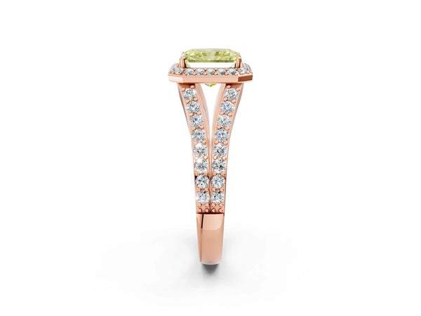 Rose Gold Radiant Cut Halo Engagement Ring Setting for Fancy Yellow Center with Narrow Pave Split Shank