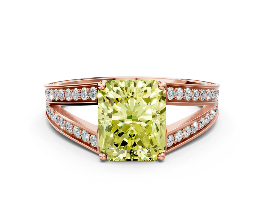 Rose gold Fancy Yellow Radiant Cut Diamond Split Shank Ring with Pavé Band and Four-Prong Setting_75