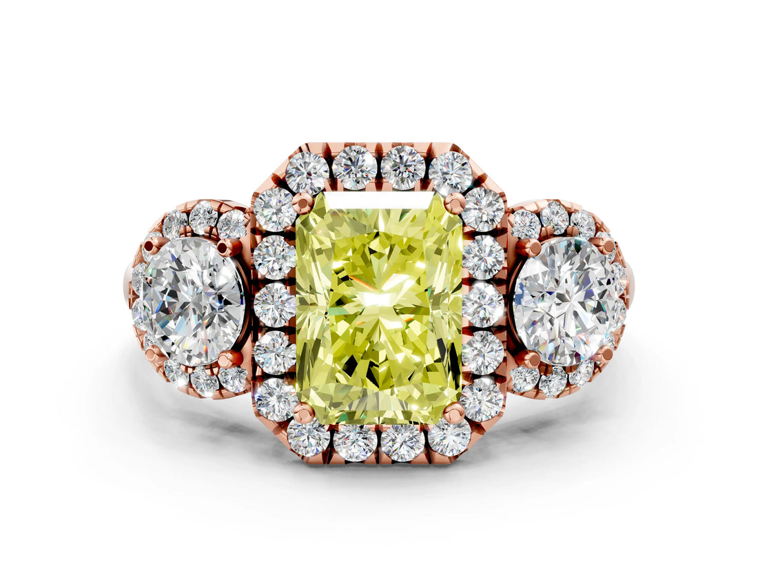 Rose gold Fancy Yellow Radiant Cut Diamond Three-Stone Halo Ring with Prong Setting and Pavé Accents
