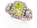 Rose gold Fancy Yellow Radiant Cut Diamond Three-Stone Halo Ring with Prong Setting and Pavé Accents_1