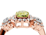 Rose gold Fancy Yellow Radiant Cut Diamond Three-Stone Halo Ring with Prong Setting and Pavé Accents_4