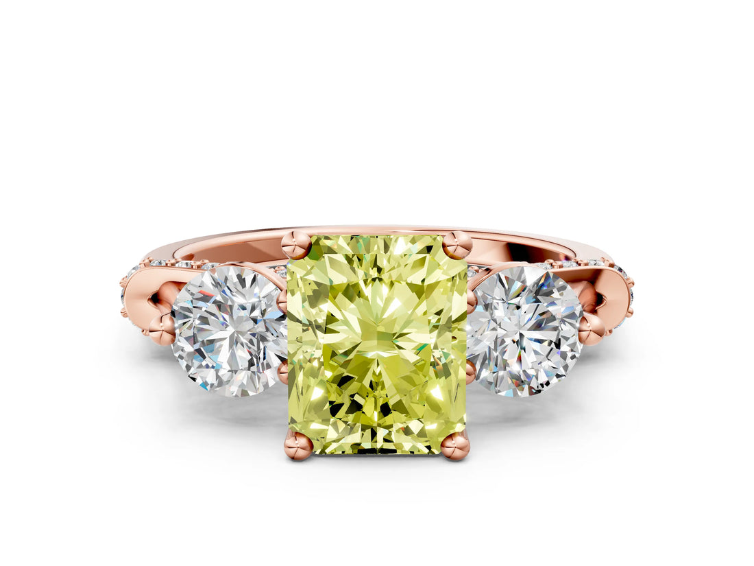 Rose gold Fancy Yellow Radiant Cut Diamond Three-Stone Ring with Prong Setting and Pavé Band
