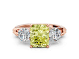 Rose gold Fancy Yellow Radiant Cut Diamond Three-Stone Ring with Prong Setting and Pavé Band