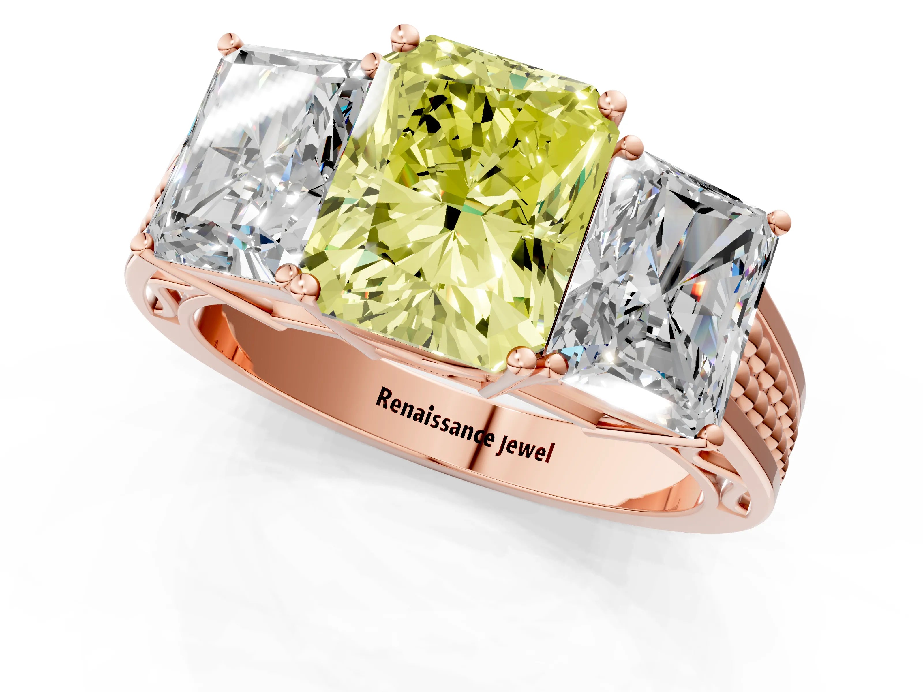 Rose gold Fancy Yellow Radiant Cut Diamond Three-Stone Ring with Prong Setting and Textured Band_1