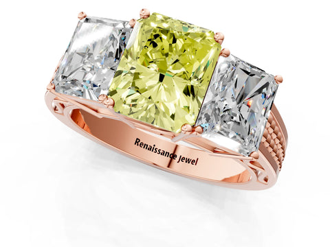 Rose gold Fancy Yellow Radiant Cut Diamond Three-Stone Ring with Prong Setting and Textured Band_1