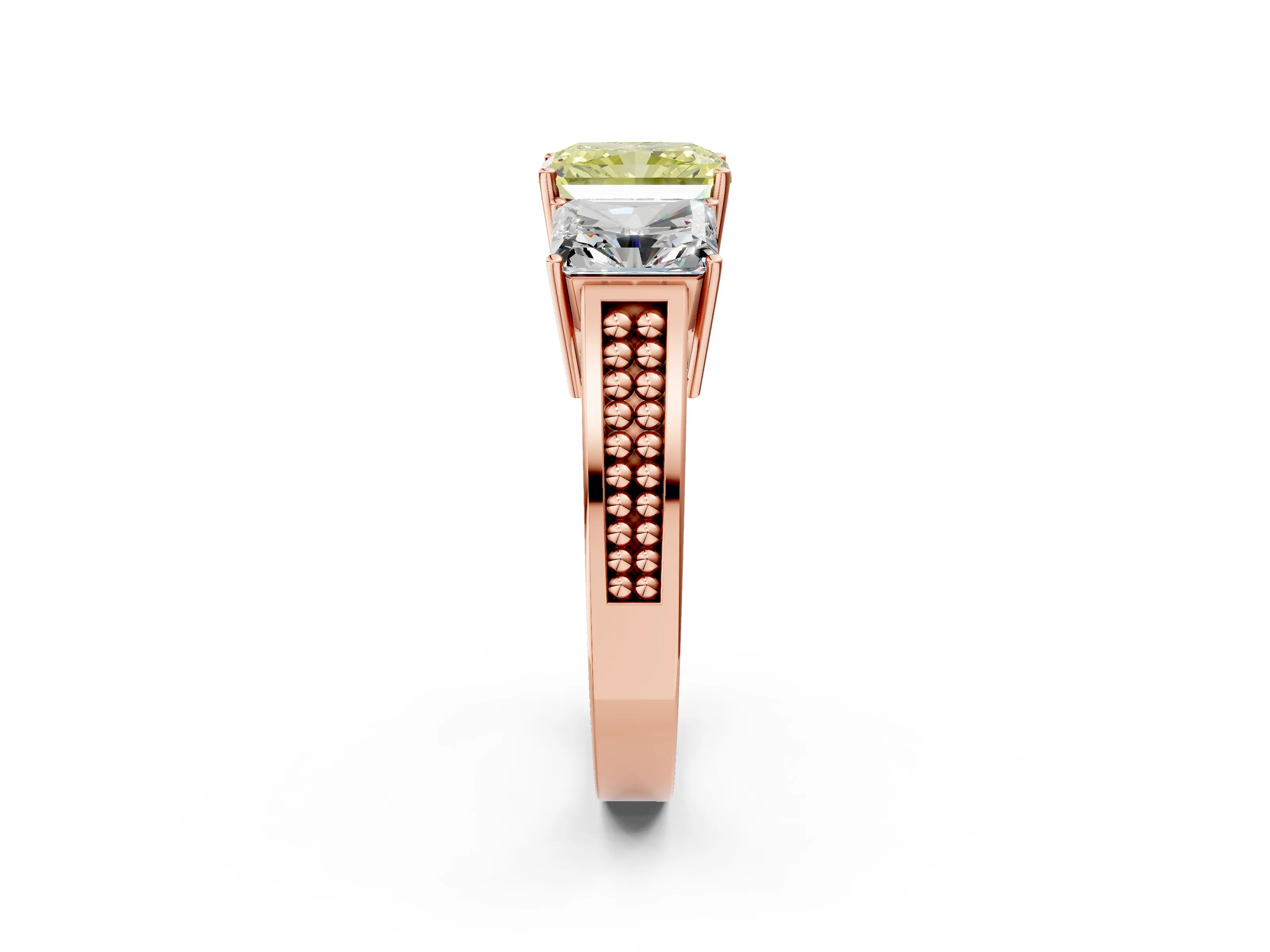 Rose gold Fancy Yellow Radiant Cut Diamond Three-Stone Ring with Prong Setting and Textured Band_2