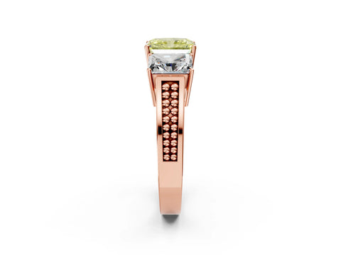 Rose gold Fancy Yellow Radiant Cut Diamond Three-Stone Ring with Prong Setting and Textured Band_2
